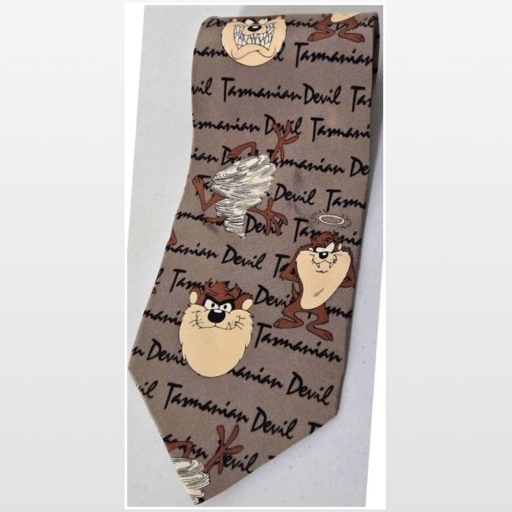 Vintage 90s Warner Brothers WB Tie Mens Silk Tan Tasmanian Devil VTG Taz